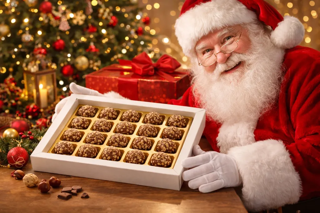 Santa Claus with festive chocolates.webp